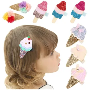 Set di fermagli per capelli glitterati a forma di gelato e fiori per bambine