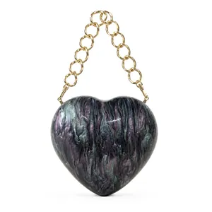 Chic heart-shaped marble acrylic evening clutch bag with chunky gold chain strap
