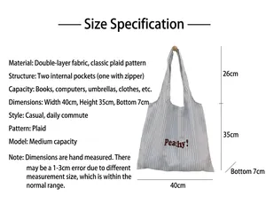 Detailed size chart for blue striped nylon tote bag with red Peachy text print