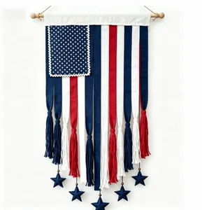 Detailed macro view of American flag wall hanging with red white blue tassels