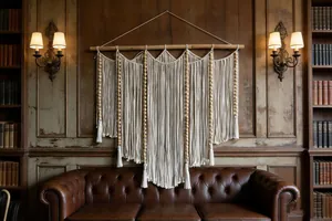 Macro detail of handmade macrame wall hanging with wooden beads and long tassels