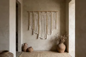 Detail of bohemian handmade woven wall hanging with cotton tassels and wood beads