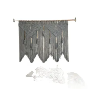 Handmade gray bohemian wall hanging tapestry with cotton rope fringes and wooden beads