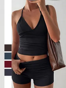 Top Dos Nu Et Short Femme Tricot Viscose Élasthanne Sans Manches Col V Taille Haute Coupe Ajustée Couleur Unie Yoga Streetwear
