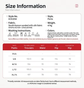 Detailed size chart for women's brushed wide-leg trousers including measurements and fabric