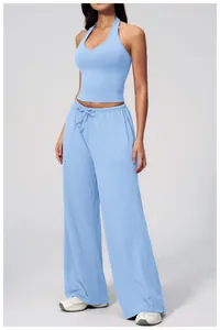 Close-up of light blue drawstring wide-leg pants with soft brushed fabric texture