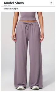 Detail view of smoky purple wide leg lounge pants with adjustable drawstring waist