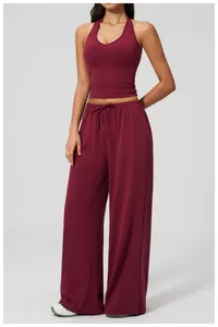 Burgundy brushed fabric yoga set featuring a halter tank top and loose drawstring pants