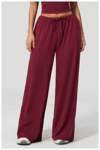 Detail of burgundy lounge set featuring high waist drawstring wide leg pants