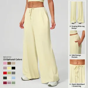 Women's wide leg casual pants with drawstring waist and pockets in cream color