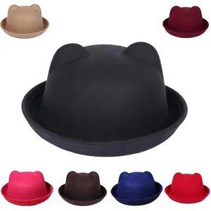 Chapeau Melon avec Oreilles de Chat pour Femmes Enfants Hiver Chaud Feutre de Polyester Cloche Parent-Enfant Bord Roulé