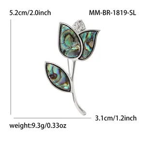 Elegant silver tulip brooch with colorful shell petals and sparkling crystals