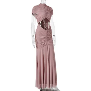 Detail of mauve pink pleated dress with high neck, waist cut-outs and mermaid hem