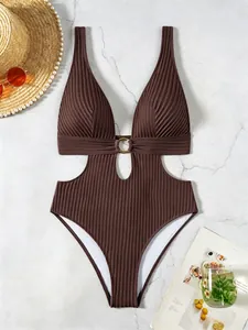 Deep V-neck one-piece swimsuit in brown ribbed fabric with central gold metal ring