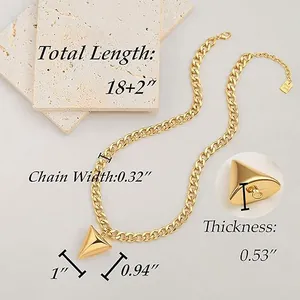14K gold plated Cuban chain necklace with spiked cone pendant and size annotations