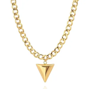 Luxury 14K gold plated chunky Cuban chain necklace with minimalist cone pendant