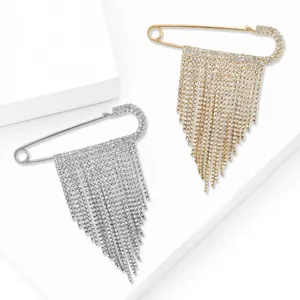 Elegant rhinestone tassel safety pin brooch in gold and silver finish with crystal fringe