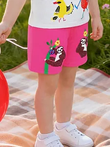 Girls 100% Cotton Shorts Summer Casual Western Style Cartoon Sloth Embroidery Drawstring Elastic Waist Children Bottoms