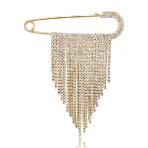 Luxury Alloy Rhinestone Tassel Safety Pin Brooch Shiny Geometric Dangle Jewelry For Women Suit Coat Party Decoration