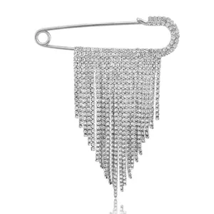 Elegant silver safety pin brooch with sparkling rhinestone tassels on white background