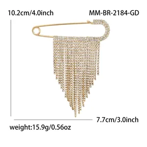 Gold-plated safety pin brooch with sparkling rhinestone fringe, 10.2cm long