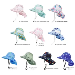Detail view of quick-dry sun hats for kids with various prints and neck protection