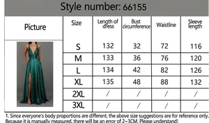 Detailed size chart for the elegant V-neck satin sleeveless maxi dress in deep green