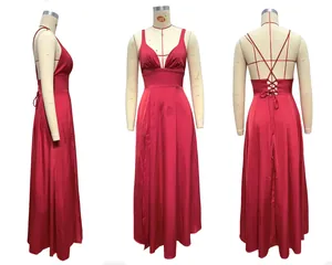 Detailed three-way view of a deep red satin maxi dress with V-neck and lace-up back