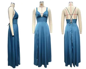 Three-view layout of navy blue satin dress with deep V-neck and lace-up back