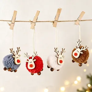 Christmas Reindeer Hanging Ornaments Plush Ball Wooden Antlers Lambswool Felt For Xmas Tree Nordic Style Mini Decorative