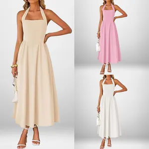 Women Halter Backless Maxi Dress Elegant Sleeveless A-Line Solid Color Summer Vacation Long Dress For Women Casual Party