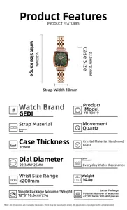 Detailed specs of rectangular rose gold watch with green dial and mesh strap