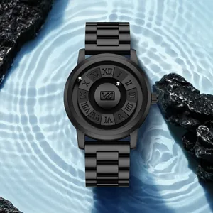 Minimalist magnetic levitation watch in matte black finish with roman numeral dial