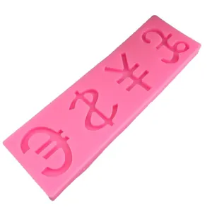 Pink silicone mold featuring dollar, euro, pound, and yen symbols for cake decorating