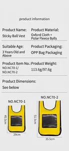 Detailed size guide for kids dodgeball sticky vest showing dimensions and product specs