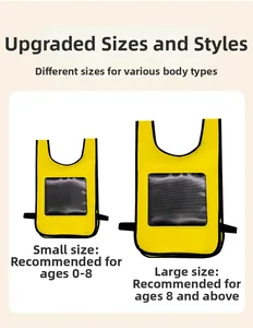 Size comparison for yellow sticky ball vests in small and large sizes for ages 0 to 8 plus