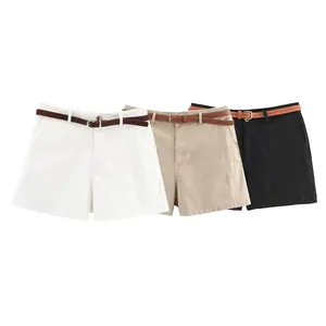 Women Casual Shorts With Belt Solid Color Loose Fit Polyester Summer Streetwear Fashion Bottoms