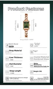 Detailed dimensions of the square green dial watch with gold link alloy bracelet
