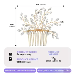Handmade gold leaf vine bridal hair comb with clear rhinestones for wedding hairstyles