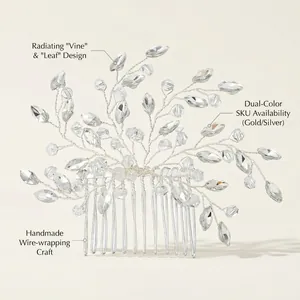 Macro detail of handmade bridal hair comb with rhinestone vines and crystal leaves