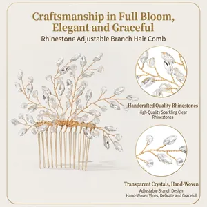 Handcrafted gold rhinestone vine hair comb for bridal weddings and elegant hairstyling