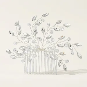 Elegant silver vine hair comb with crystals and rhinestones for bridal wedding styling