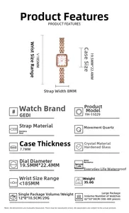 Dimensions détaillées de la montre à quartz or rose avec bracelet en acier