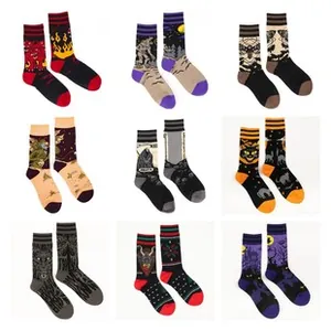 Detailed grid view showing nine pairs of Halloween crew socks with diverse gothic patterns