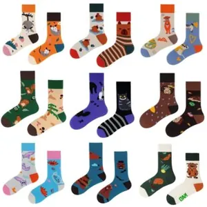 Close-up of nine pairs of cartoon animal socks featuring cats, bears and pumpkins