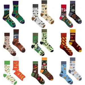 Macro detail of diverse novelty crew socks featuring colorful pumpkin and food patterns