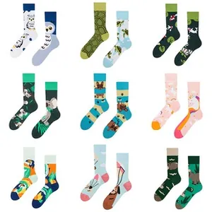 Detail showing nine sets of creative patterned crew socks with vibrant animal motifs