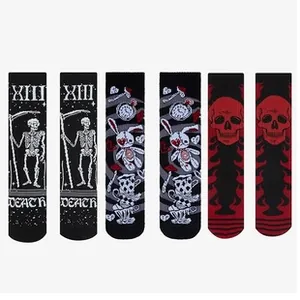 Three pairs of gothic socks featuring reaper tarot and skull patterns in dark style