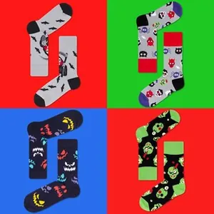 Detail showing four Halloween socks with bat, pumpkin, zombie and devil patterns