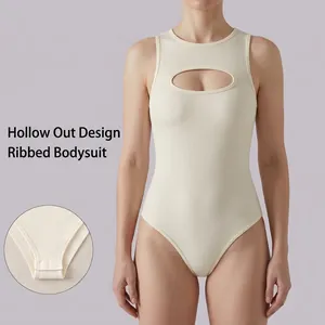 Women Ribbed Cut-Out Bodysuit Sleeveless Round Neck Yoga Fitness Jumpsuit Nylon Spandex Slimming Body Suit Top